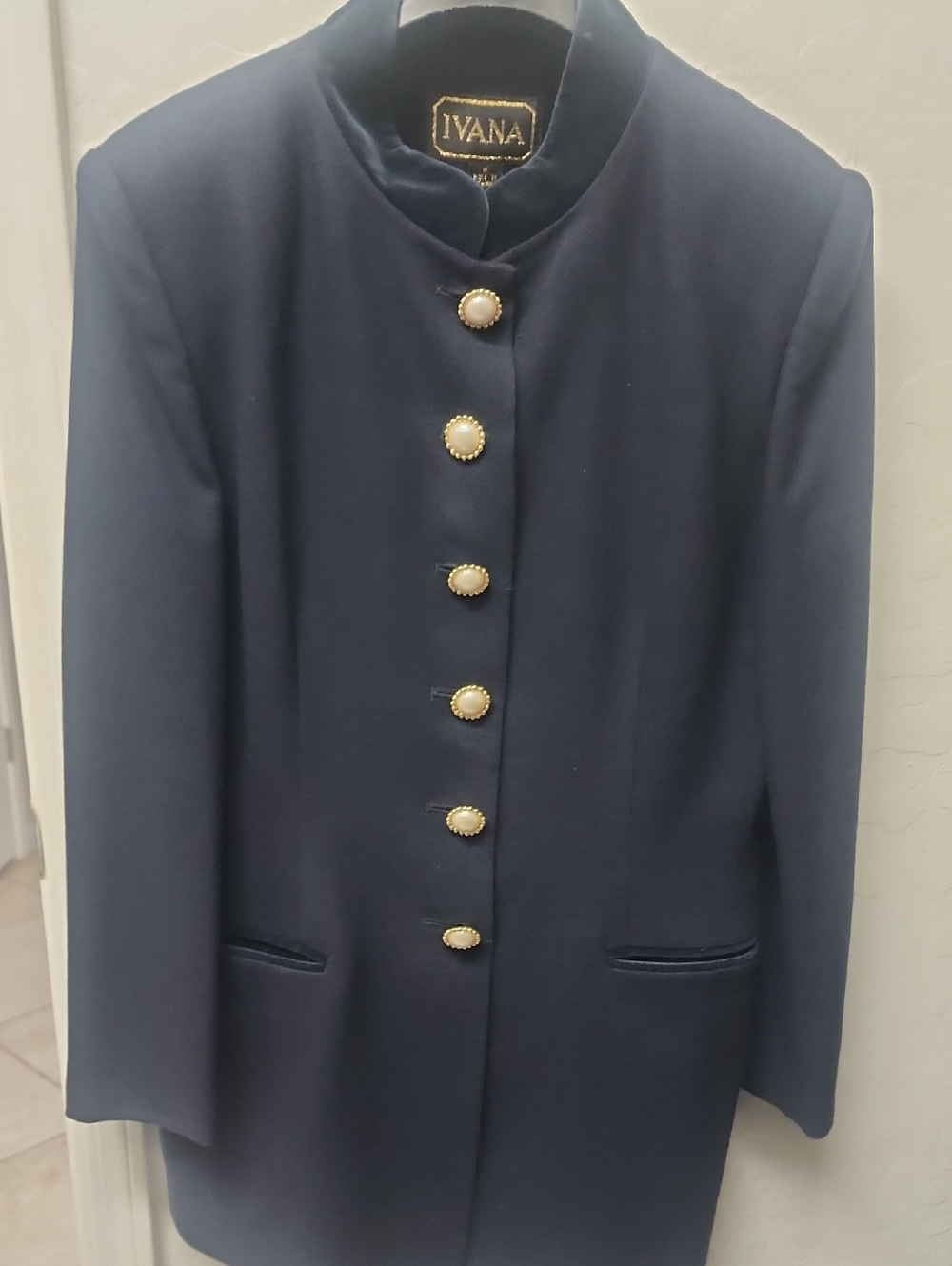 IVANA Navy Stand Collar Blazer with Pearl-Style Gold Buttons
